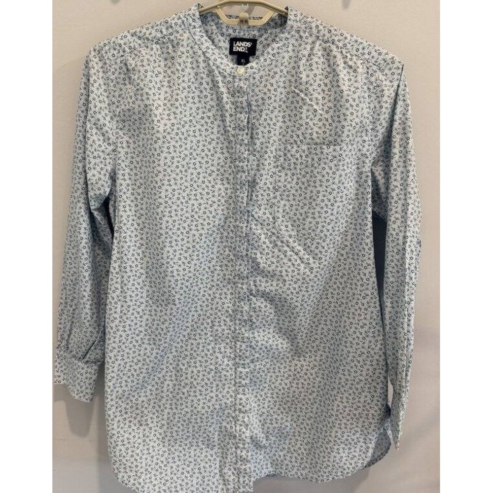 Lands End Band Collar Tunic Long Sleeve Button Front Shirt Blue Floral Pocket 18